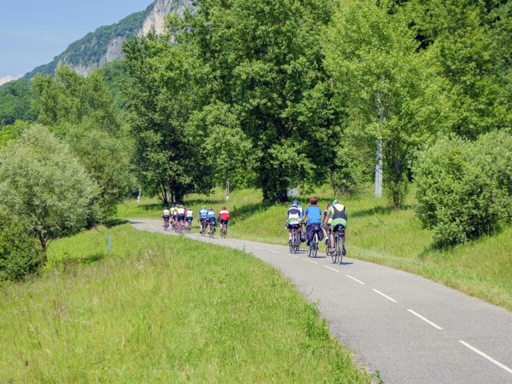 Cyclistes utilisant une pistes cyclables respectueuses de la biodiversité et l'environnement.