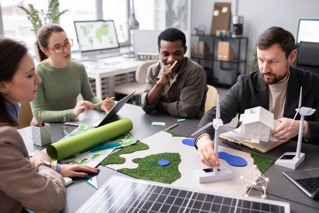 Cinq participants à un atelier RSE dans une entreprise, une superbe idée de team building à faire à Paris en 2025